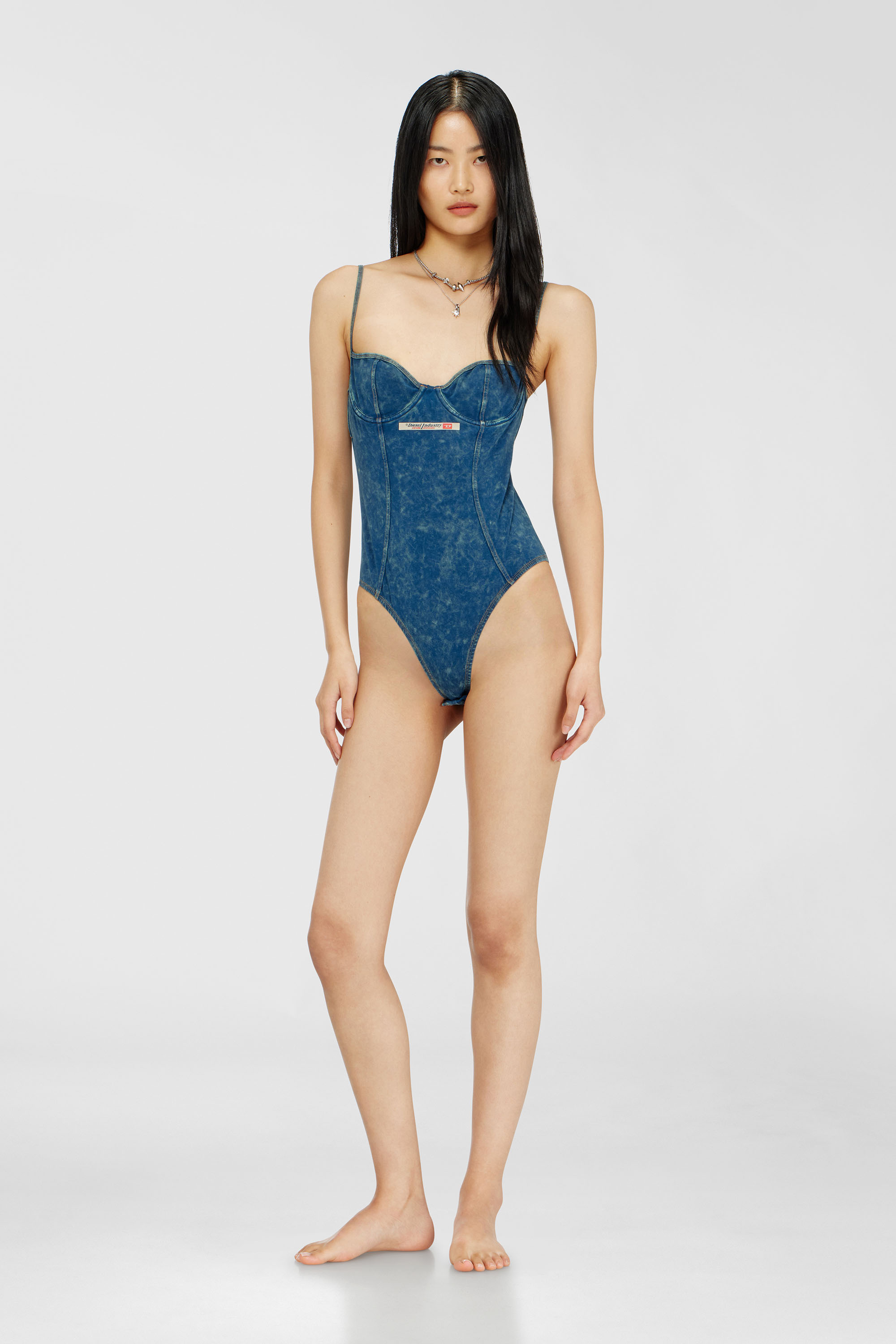 Denim-effect bodysuit with back cut-out