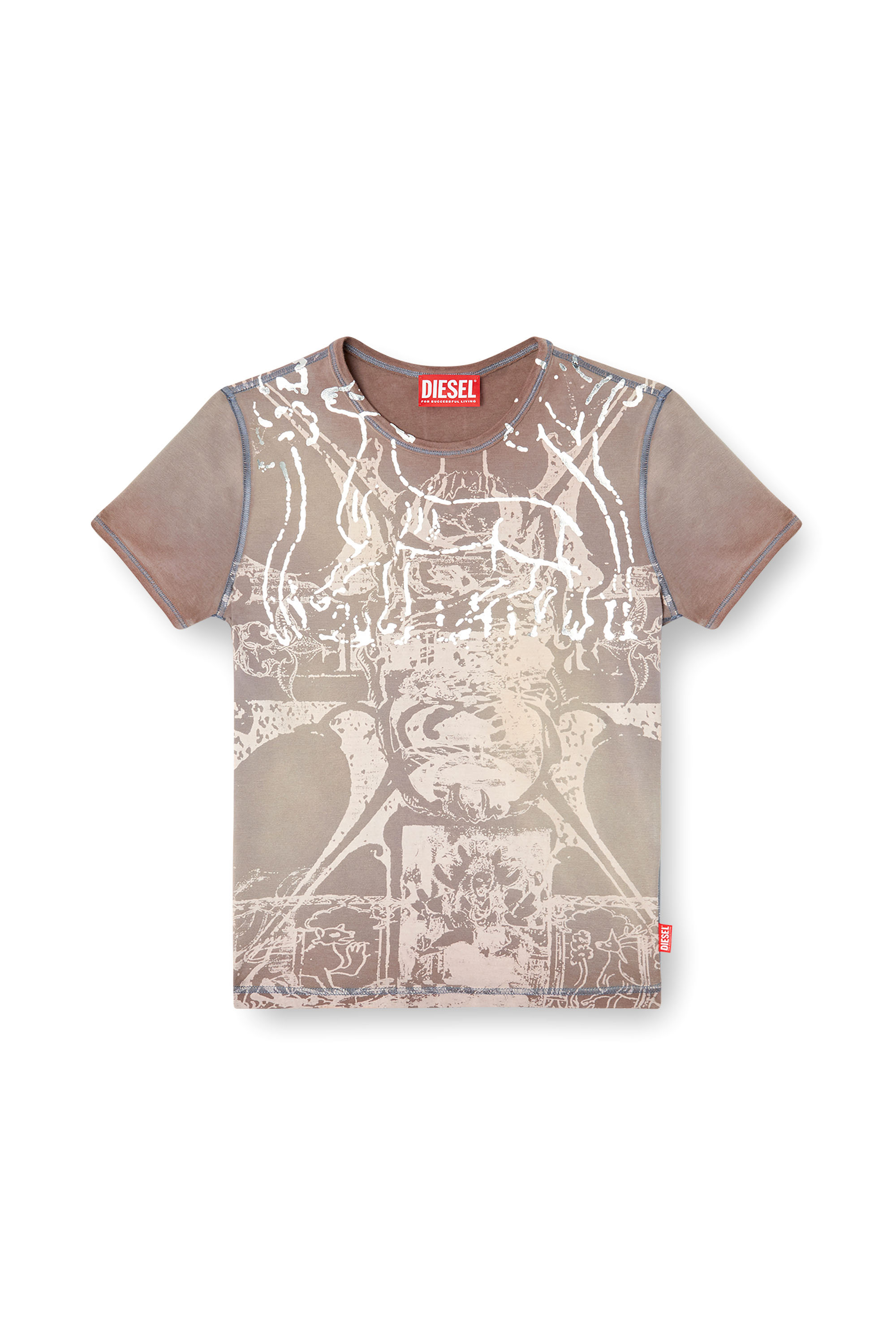 Diesel - T-UNCUTIES-LONG-R6, Woman's T-shirt with foil print in Light Brown - 2
