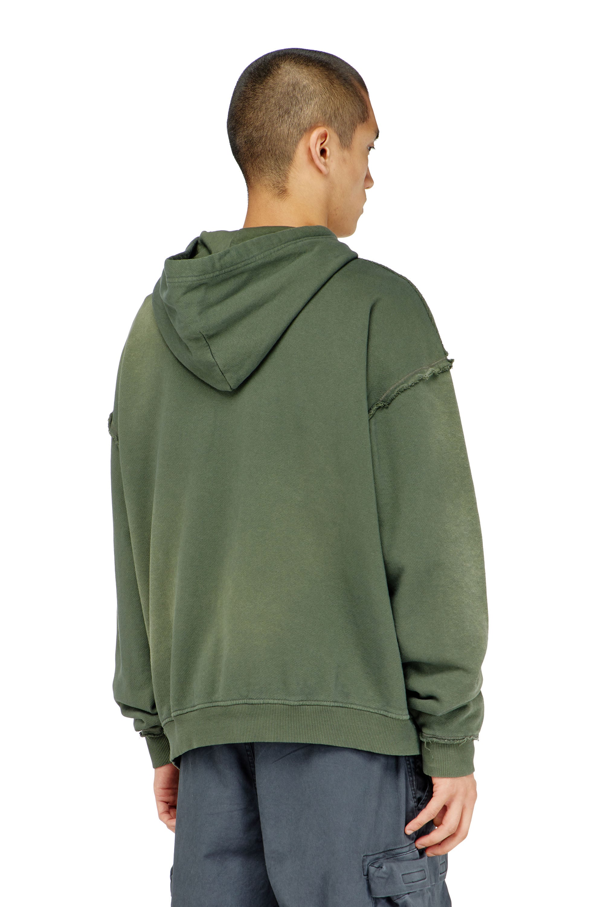 Diesel - S-POCK-HOOD, Man's Faded cotton hoodie with frayed details in Military Green - 4