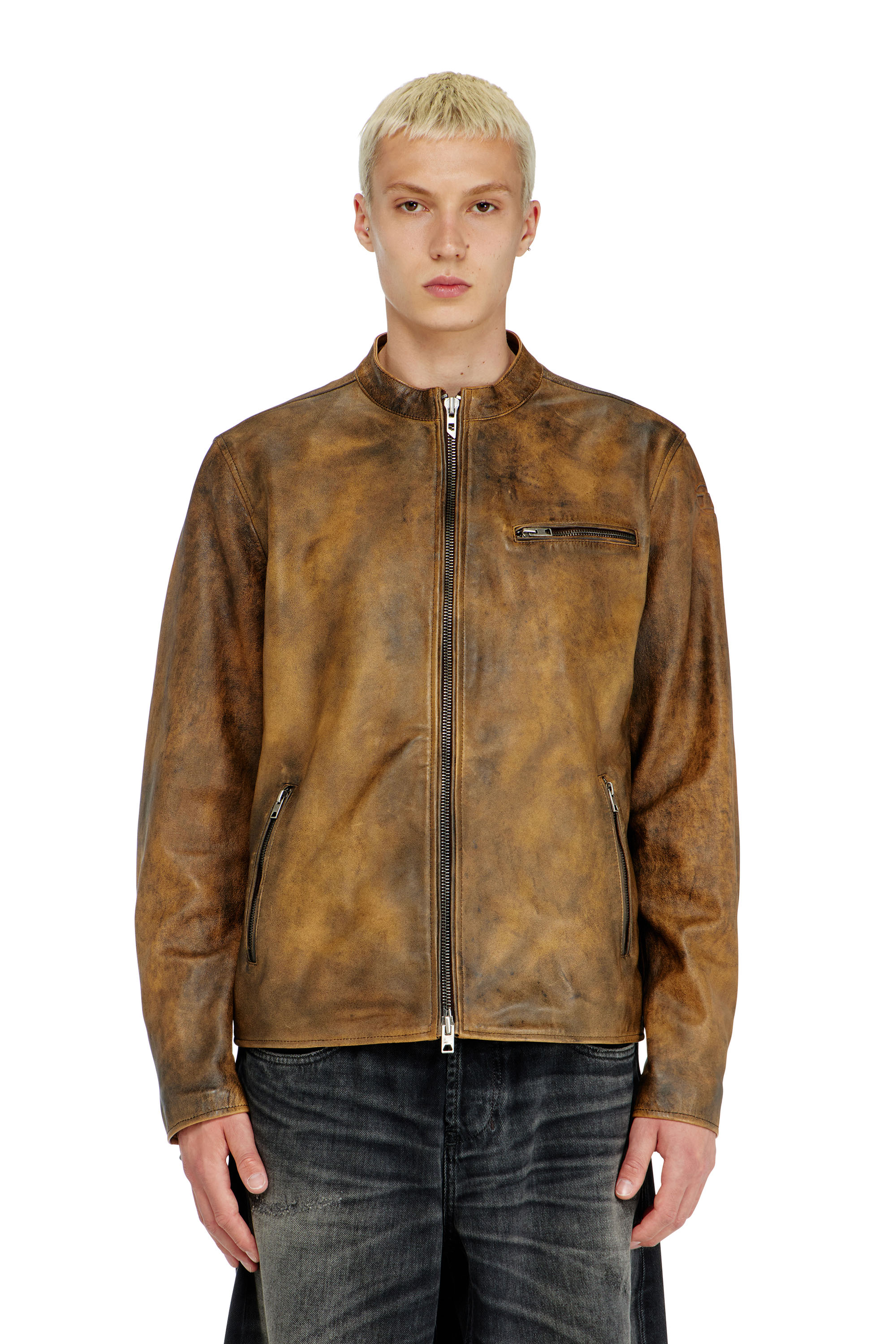 Diesel - L-ZAD-KNCZ, Man's Biker jacket in treated leather in Light Brown - 1