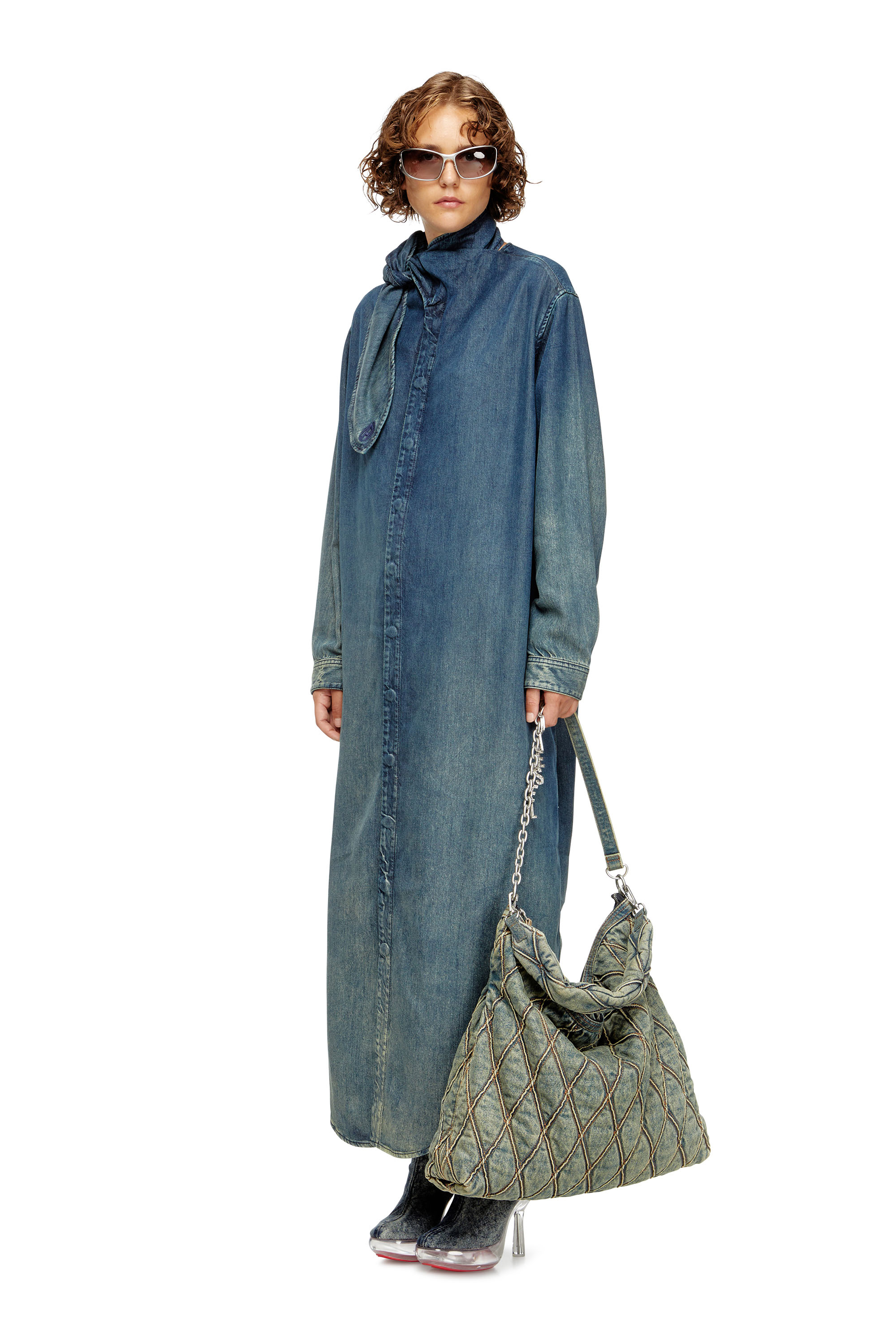 Diesel - DE-BARBARA-S, Woman's Long shirt dress in fluid denim in Dark Blue - 1